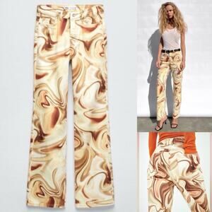 Zara Jeans Womens Size 4 Brown Tan Marble Print Button Fly Straight High Rise